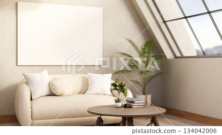 White leather sofa with cushion and round wooden table under roof window and a wall with blank frame White leather sofa with cushion and round wooden table under roof window and a wall with blank frame 134042006