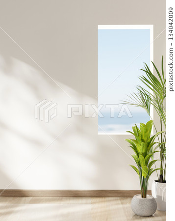 A square hole for sea viewing on white wall along wooden floor corridor or hallway and potted plants A square hole for sea viewing on white wall along wooden floor corridor or hallway and potted plants 134042009