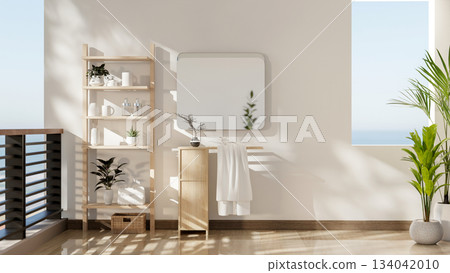 Display shelf and wooden table with towel rack under square mirror on white wall of sea viewing room Display shelf and wooden table with towel rack under square mirror on white wall of sea viewing room 134042010