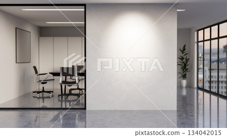 Shiny grey marble floor corridor along the wall of office meeting room with black table and armchair 134042015
