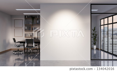 Empty white wall between a meeting room with black table and armchair and shiny grey marble corridor Empty white wall between a meeting room with black table and armchair and shiny grey marble corridor 134042016