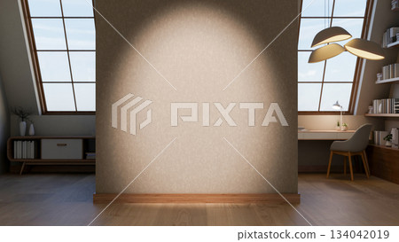 An empty wall between dim lit study room and attic room with wooden floor corridor under roof window 134042019