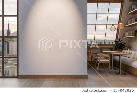 Empty white wall between wooden floor corridor and dining room with stool tables armchairs and sofa. 134042020