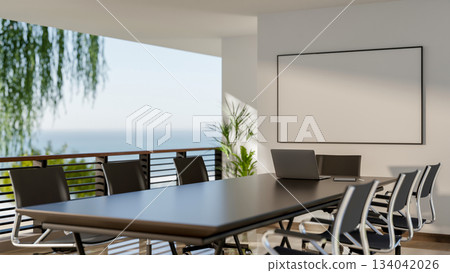 A blank whiteboard hanging on the wall of an open air meeting room with long black table and armchair. A blank whiteboard hanging on the wall of an open air meeting room with long black table and armchair. 134042026