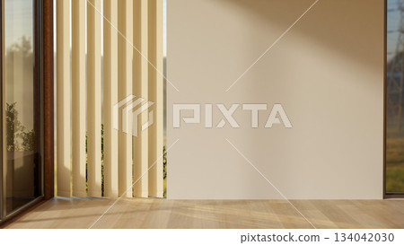 White wall empty room and wooden parquet floor with the blinds covered glass door or wall window. 134042030