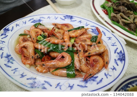 Close-up of stir-fried shrimp dish Close-up of stir-fried shrimp dish 134042088