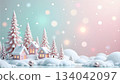 pastel winter village with snowy christmas trees. 134042097