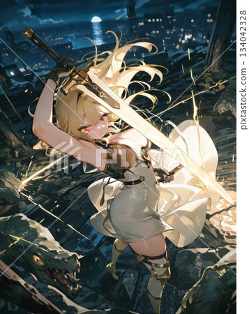 一位女騎士揮舞著一把大劍的插圖 134042328