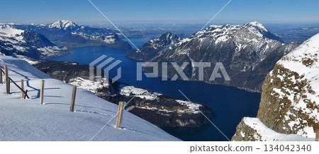 Lake Vierwaldstaettersee in winter, Mount Rigi and Pilatus, seen from Fronalpstock, Stoos, Switzerland. Lake Vierwaldstaettersee in winter, Mount Rigi and Pilatus, seen from Fronalpstock, Stoos, Switzerland. 134042340
