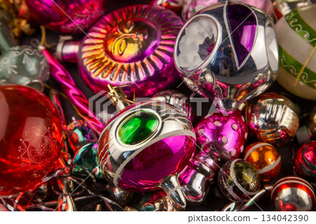 Christmas tree toy. Glass balls. New year ball background retro vintage. December mood. 134042390