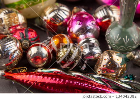Christmas tree toy. Glass balls. New year ball background retro vintage. December mood. Christmas tree toy. Glass balls. New year ball background retro vintage. December mood. 134042392