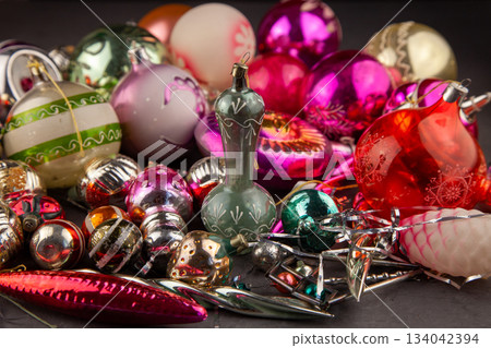 Christmas tree toy. Glass balls. New year ball background retro vintage. December mood. 134042394