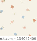 Seamless pattern with tiny watercolor flowers in soft coral, blush, and blue on light cream. Hand-painted cute floral design perfect for kids fabric, packaging, and spring-themed projects. 134042400