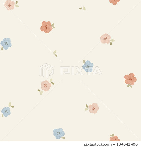 Seamless pattern with tiny watercolor flowers in soft coral, blush, and blue on light cream. Hand-painted cute floral design perfect for kids fabric, packaging, and spring-themed projects. Seamless pattern with tiny watercolor flowers in soft coral, blush, and blue on light cream. Hand-painted cute floral design perfect for kids fabric, packaging, and spring-themed projects. 134042400