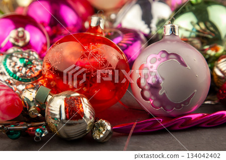 Christmas tree toy. Glass balls. New year ball background retro vintage. December mood. Christmas tree toy. Glass balls. New year ball background retro vintage. December mood. 134042402