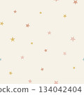 Seamless watercolor star pattern with pastel blue, pink and yellow stars on cream background. Hand-drawn celestial design for kids room, textiles, wrapping, and digital use. 134042404