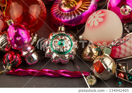 Christmas tree toy. Glass balls. New year ball background retro vintage. December mood. Christmas tree toy. Glass balls. New year ball background retro vintage. December mood. 134042405