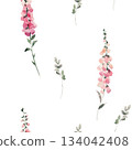 Seamless watercolor pattern with pink foxglove flowers and green leaves. Elegant botanical surface design for textiles, packaging, wedding decor, and spring projects. 134042408