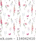 Seamless watercolor floral pattern with delicate wildflowers and soft greenery. Elegant botanical surface design for fabric, packaging, wedding decor, or spring-themed projects. 134042410