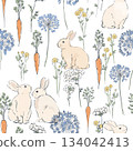 Seamless pattern with hand-drawn rabbits, wildflowers and carrots. Cute spring background with pastel bunnies, floral elements and soft colors for Easter and kids' designs. 134042413