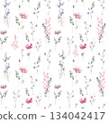 Seamless watercolor floral pattern with delicate wildflowers and soft greenery. Elegant botanical surface design for fabric, packaging, wedding decor, or spring-themed projects. 134042417