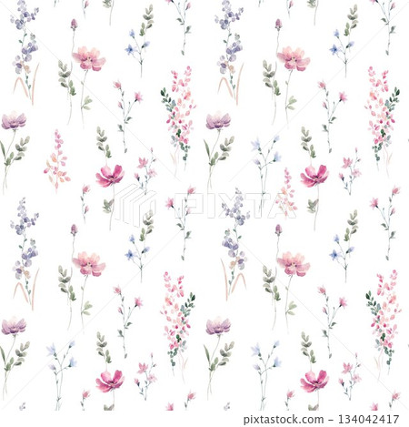 Seamless watercolor floral pattern with delicate wildflowers and soft greenery. Elegant botanical surface design for fabric, packaging, wedding decor, or spring-themed projects. Seamless watercolor floral pattern with delicate wildflowers and soft greenery. Elegant botanical surface design for fabric, packaging, wedding decor, or spring-themed projects. 134042417