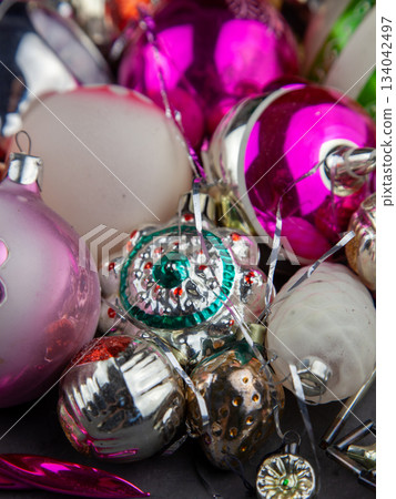 Christmas tree toy. Glass balls. New year ball background retro vintage. December mood. 134042497