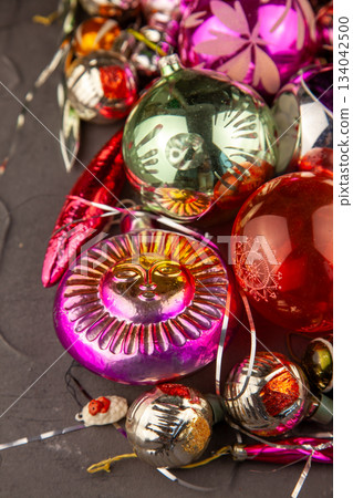 Christmas tree toy. Glass balls. New year ball background retro vintage. December mood. 134042500
