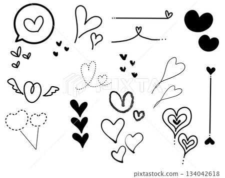 Hand-drawn heart decoration set, cute line and icon illustration material (black) 134042618