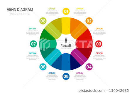 Venn diagram infographic chart 8 step template for business start up presentation vector illustration. 134042685
