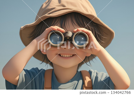 A boy peering at binoculars A boy peering at binoculars 134042766