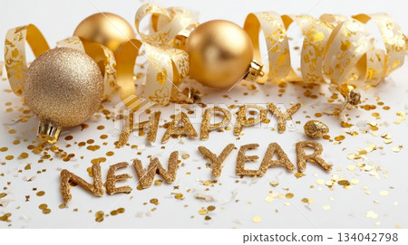 Festive golden ornaments and confetti with Happy New Year message for celebration background Festive golden ornaments and confetti with Happy New Year message for celebration background 134042798