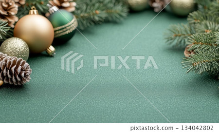 Festive Christmas background with ornaments, pinecones, and evergreen branches for holiday design 134042802