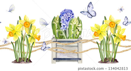 blue, white hyacinth, yellow daffodils, flying butterfly, natural rope, hand drawn watercolor spring fresh flower, Easter illustration of primroses flower head, seamless pattern for party decoration blue, white hyacinth, yellow daffodils, flying butterfly, natural rope, hand drawn watercolor spring fresh flower, Easter illustration of primroses flower head, seamless pattern for party decoration 134042813