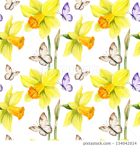 yellow flowers with flying butterflies, seamless pattern with hand drawn watercolor daffodils, narcissus, spring Easter illustration of jonquils bouquet, green leaves, party, kitchen decoration yellow flowers with flying butterflies, seamless pattern with hand drawn watercolor daffodils, narcissus, spring Easter illustration of jonquils bouquet, green leaves, party, kitchen decoration 134042814