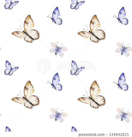 watercolor seamless pattern of different colors and shape butterflies, hand drawn sketch of spotted flying insects, moth, spring, summer illustration for event, party invitation, birthday celebration watercolor seamless pattern of different colors and shape butterflies, hand drawn sketch of spotted flying insects, moth, spring, summer illustration for event, party invitation, birthday celebration 134042815