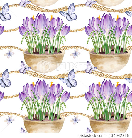 crocuses flowers in ceramic pot, flying butterflies, beige rope, hand drawn watercolor blue, lilac flowers with green leaves, seamless pattern, spring Easter illustration for party, kitchen decoration crocuses flowers in ceramic pot, flying butterflies, beige rope, hand drawn watercolor blue, lilac flowers with green leaves, seamless pattern, spring Easter illustration for party, kitchen decoration 134042816