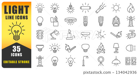 Light Line Icon Set Offers A Clean And Modern Collection Of 35 Editable Stroke Symbols Featuring Bulbs, Lamps, Fire, And Illumination Elements, Perfect For Apps, Branding, Infographics. Vector Icons. Light Line Icon Set Offers A Clean And Modern Collection Of 35 Editable Stroke Symbols Featuring Bulbs, Lamps, Fire, And Illumination Elements, Perfect For Apps, Branding, Infographics. Vector Icons. 134042936