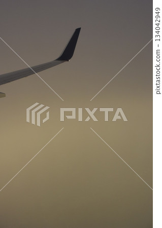 在美國底特律機場起飛後，機翼在薄霧雲中。 134042949