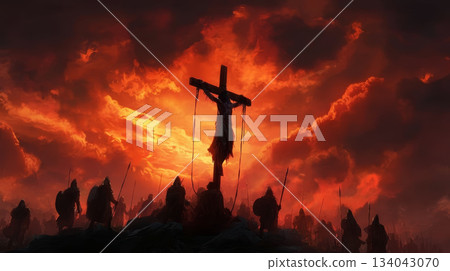 Crucifixion silhouette stormy sky dramatic sunset hill soldiers spears sorrow worship scene with intense mood and light 134043070