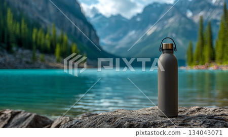 Water bottle stainless steel matte gray lake mountain pine forest travel 134043071