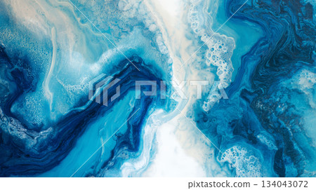 Blue abstract fluid art marble texture ocean wave watercolor modern serene flowing swirls and foam evoke calm energy 134043072