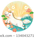 （新年）白馬、富士山和紅白梅花 134043271
