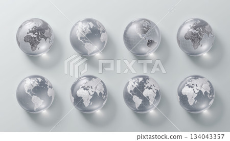 Transparent globe set world map collection minimal white background clean modern symmetry global network concept clarity 134043357