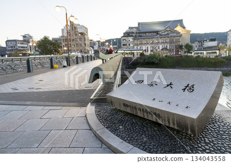 Shijo Bridge and Kamo River in the early morning glow, Kyoto City, Kyoto Prefecture 134043558