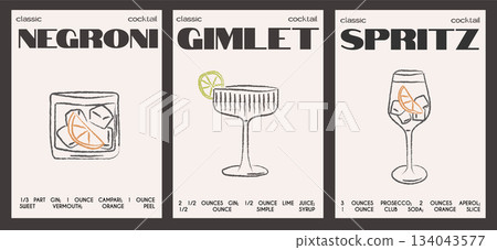 Retro whimsical cocktail recipe cards for Negroni, Gimlet, and Spritz in modern doodle style. Hand drawn classic drink vector illustrations. Bar decor, kitchen wall art, creative menu design. Retro whimsical cocktail recipe cards for Negroni, Gimlet, and Spritz in modern doodle style. Hand drawn classic drink vector illustrations. Bar decor, kitchen wall art, creative menu design. 134043577