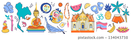 Thailand culture travel icons with buddha statue 134043738