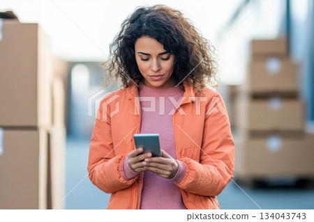 Young Hispanic woman experiences frustration with delayed delivery while checking her phone at a logistics center 134043743