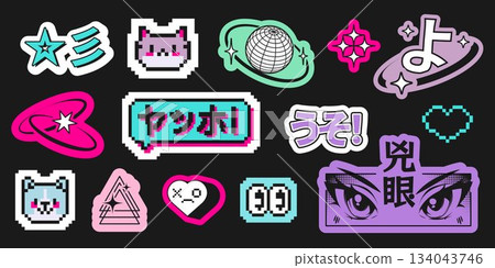 Y2k anime stickers set isolated on black Y2k anime stickers set isolated on black 134043746