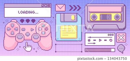 Y2k retro pixel game elements in pastel colors Y2k retro pixel game elements in pastel colors 134043750
